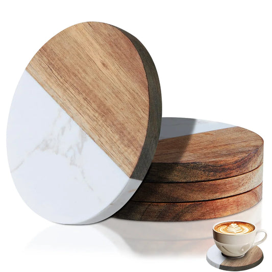 Stylish Wooden and Marble Coaster Set, Elegant Design for Coffee Tables, Durable, Perfect for Protecting Your Furniture Peaceful Pleasures Health and Wellness
