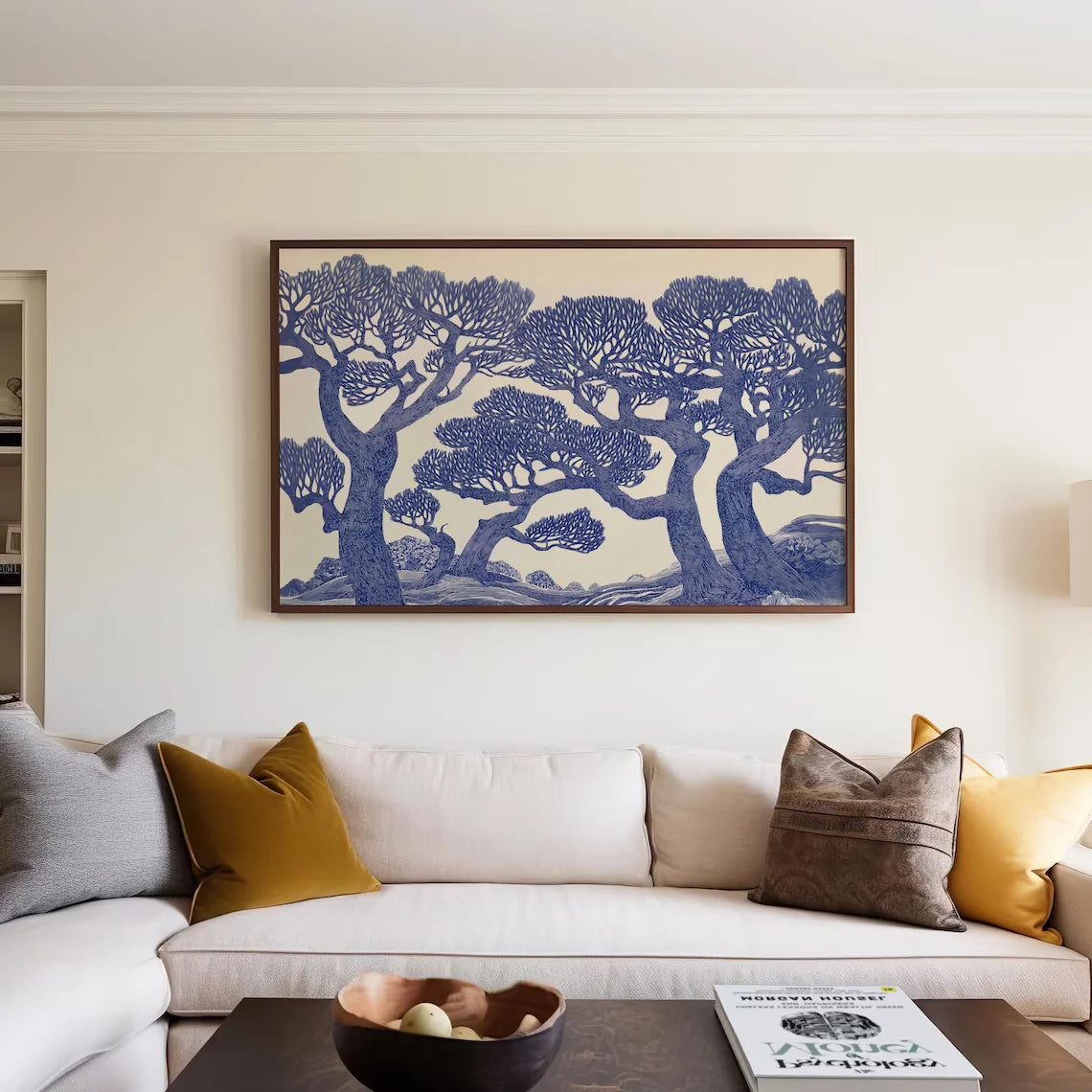 Vintage Oak Tree Linocut Forest Canvas Wall Art | Blue Woodland