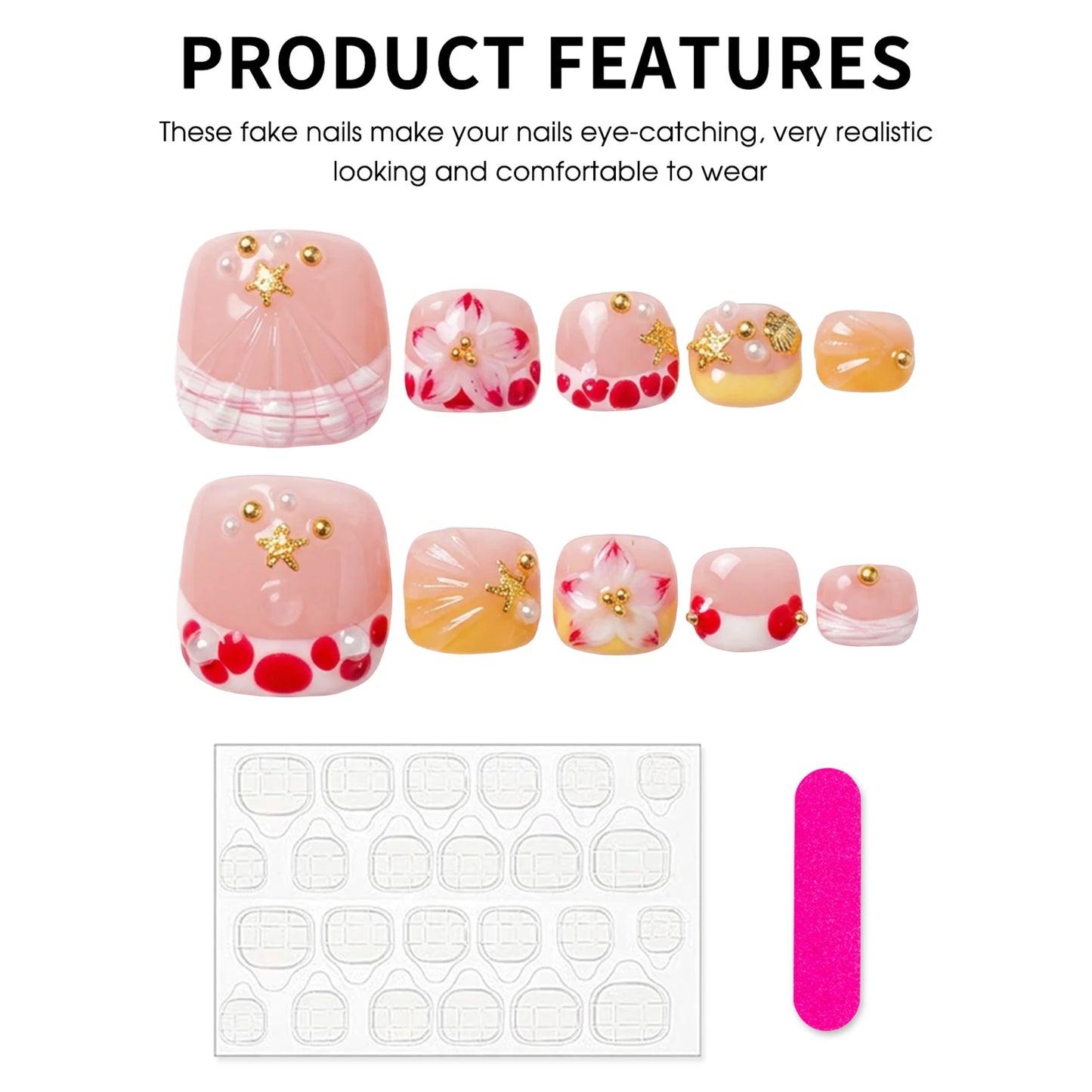 Bohemian Press-On Toe Nails | 3D Flower, Nude Pink & Orange