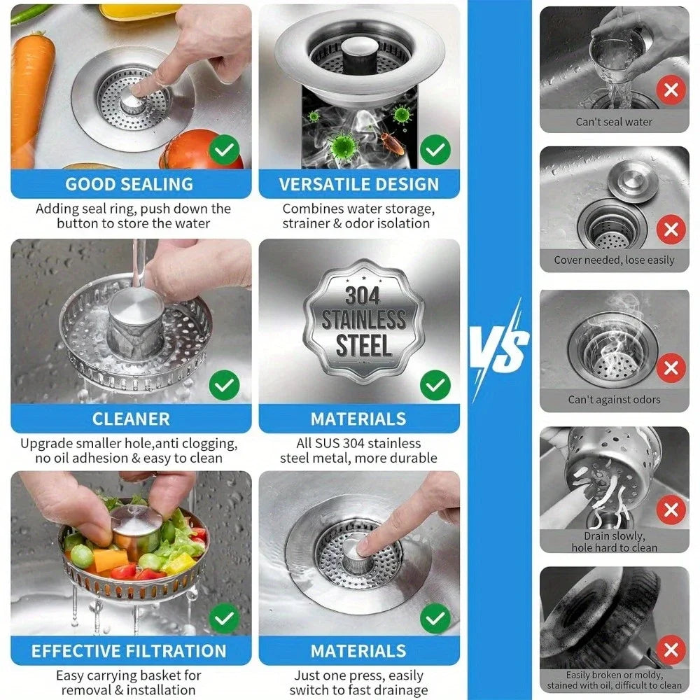 3-in-1 Stainless Steel Kitchen Sink Strainer & Pop-Up Stopper