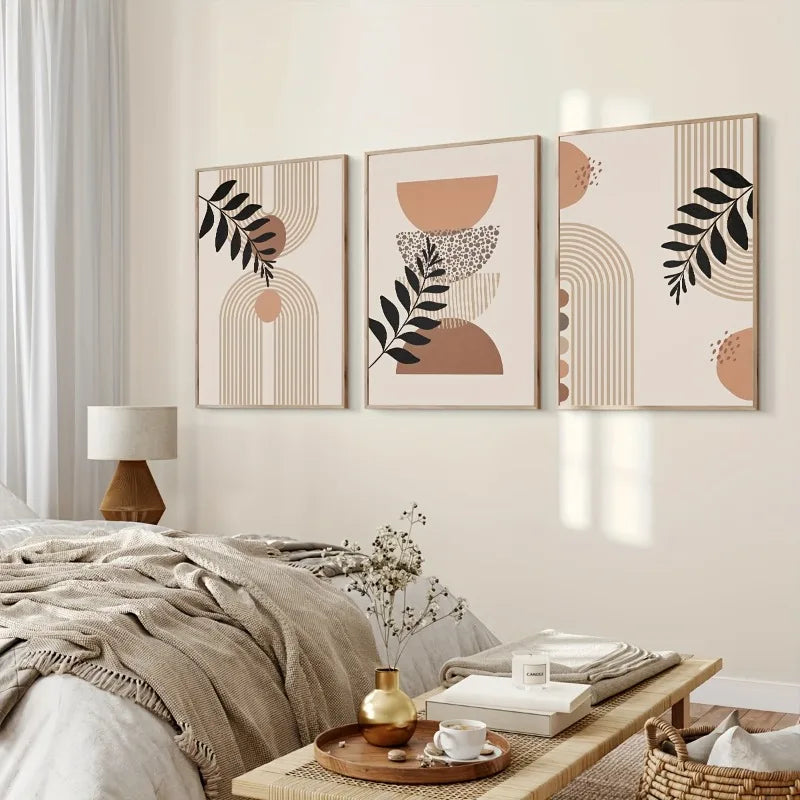 3pcs/set Unframed Canvas Poster, Modern Boho Wall Art Poster, Geometry Semicircle Botanical Leaf Painting, Wall Art Decor Peaceful Pleasures Health and Wellness