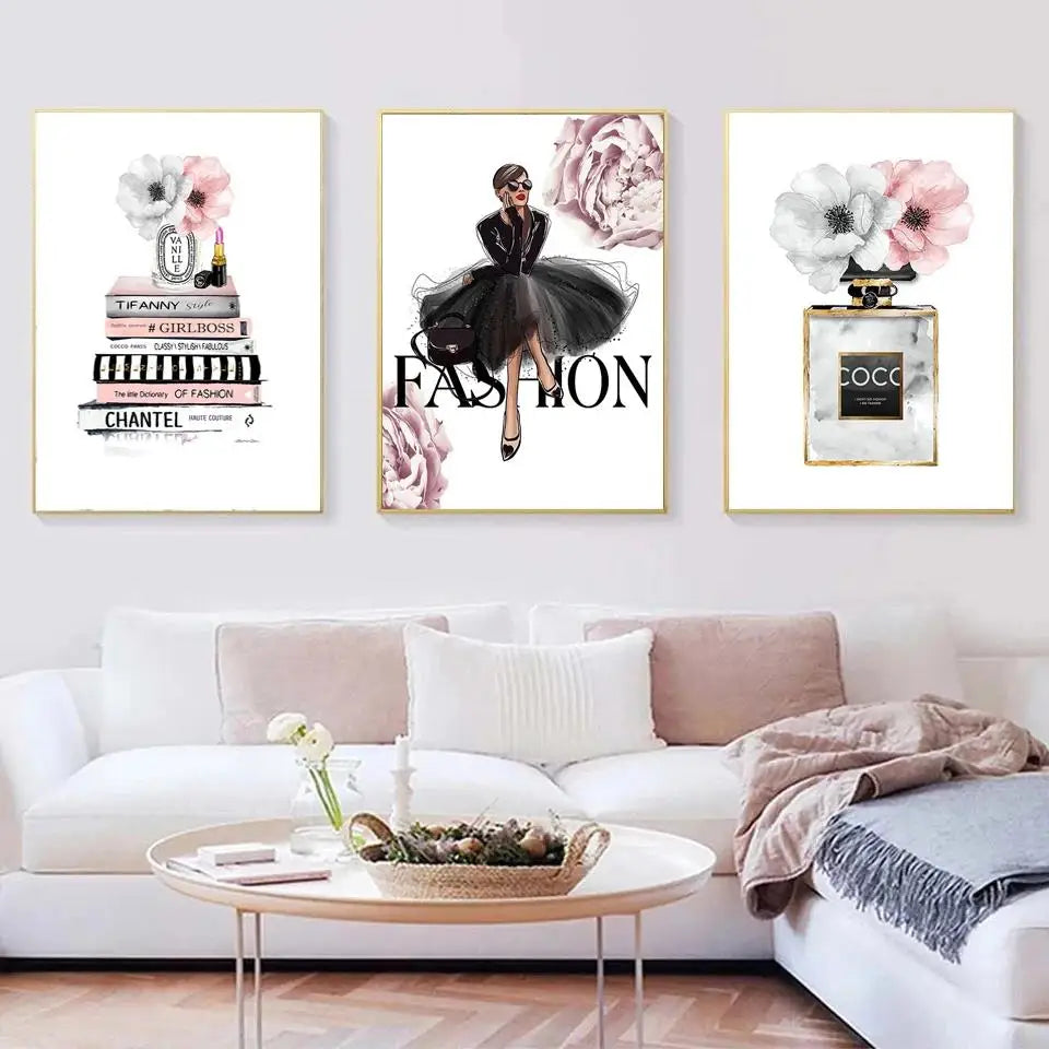 Pink Flower Makeup Girls Canvas Wall Art | Nordic Room Decor