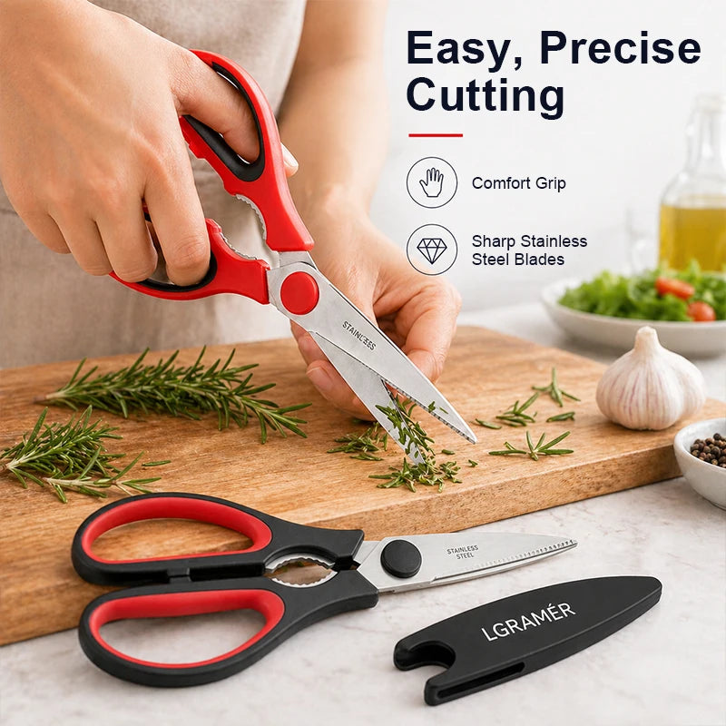 Red Stainless Steel Kitchen Scissors | Serrated Shears & Opener