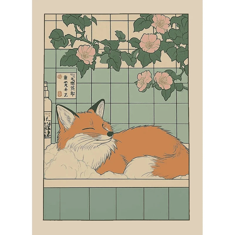 Japanese Cute Animals Bathtub Canvas Wall Art | Bathroom Decor