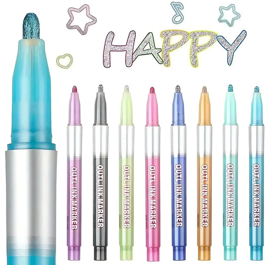 Double Line Outline Art Marker Pen DIY Graffiti Highlighter Scrapbook Peaceful Pleasures Health and Wellness 8pcs