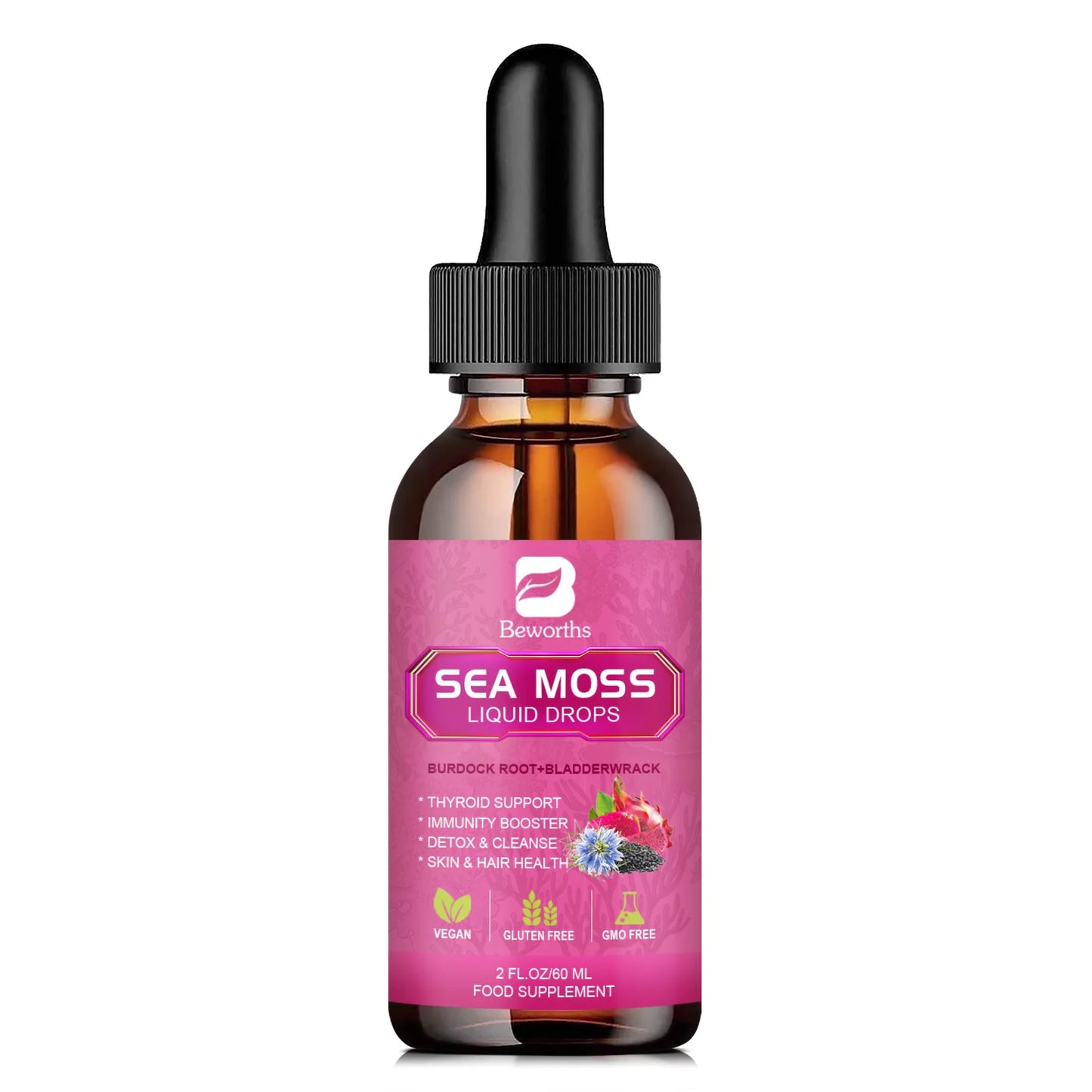 Sea Moss Liquid Drops 3000mg – Black Seed Oil, Burdock Root & Elderberry Peaceful Pleasures Health and Wellness 60ml United States