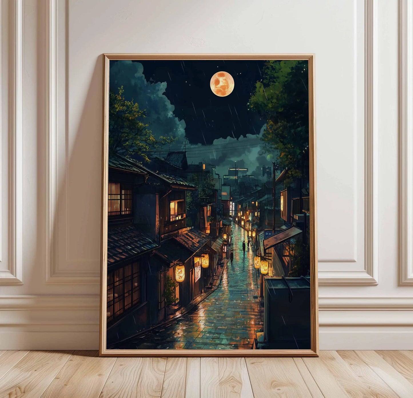 Retro Japanese City Rain Canvas Wall Art Poster | Frameless Canvas Wall Art Peaceful Pleasures Health and Wellness