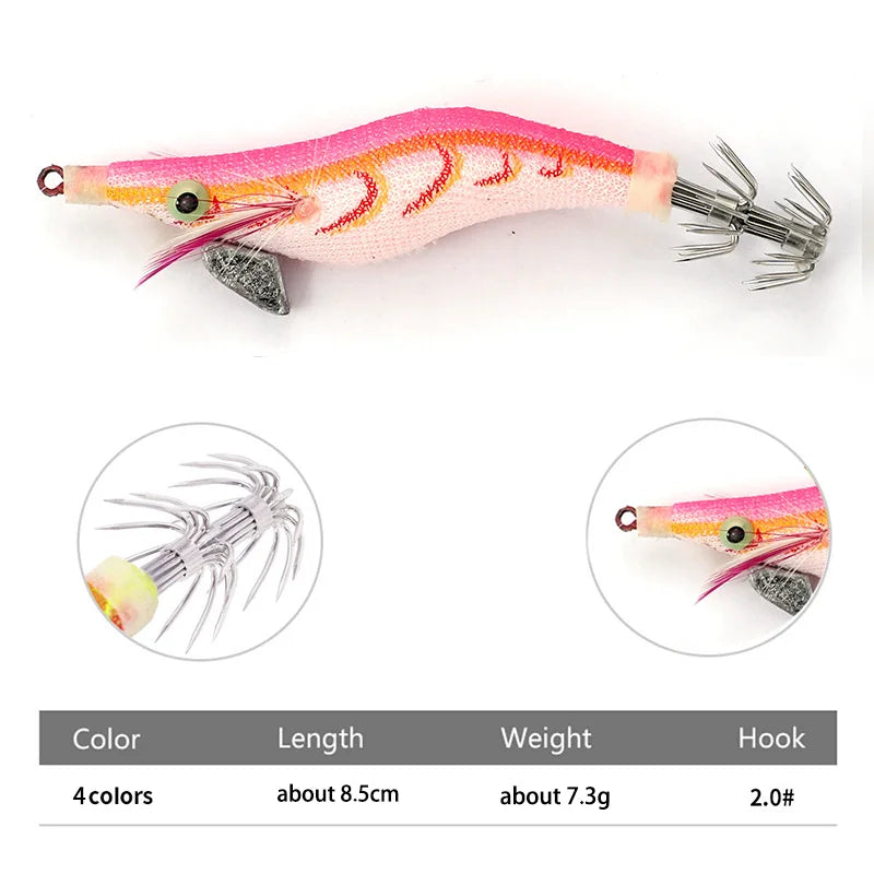 Squid Jig Shrimp Fishing Lures, 4PCS 8.5CM 7.3G Wood Prawn Baits with Hooks Angling Tackle Peaceful Pleasures Health and Wellness