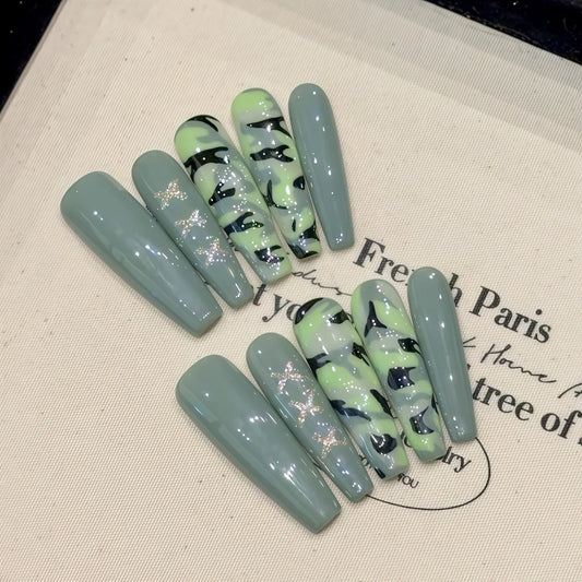 Handmade Press on Nails Spring Fresh Green Long Ballet Fake Nails for Women Wearable Detachable European False Nail Patches Peaceful Pleasures Health and Wellness XS