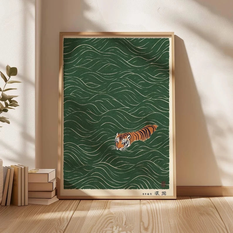Retro Japanese Tiger Canvas Wall Art | Green Swimming Tiger Print