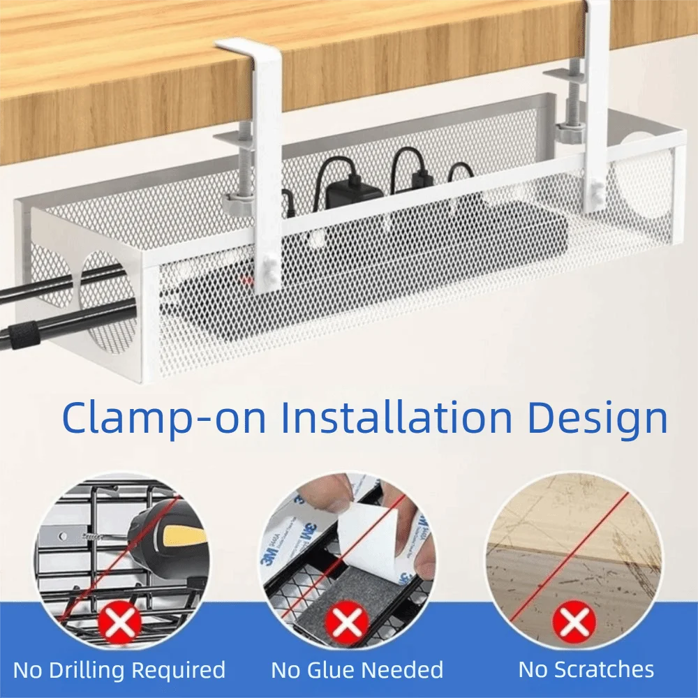 Carbon Steel Under Desk Wire Management Tray Space Saving No Drilling Data Wire Storage Rack with Clamp Metal Cable Tray Peaceful Pleasures Health and Wellness