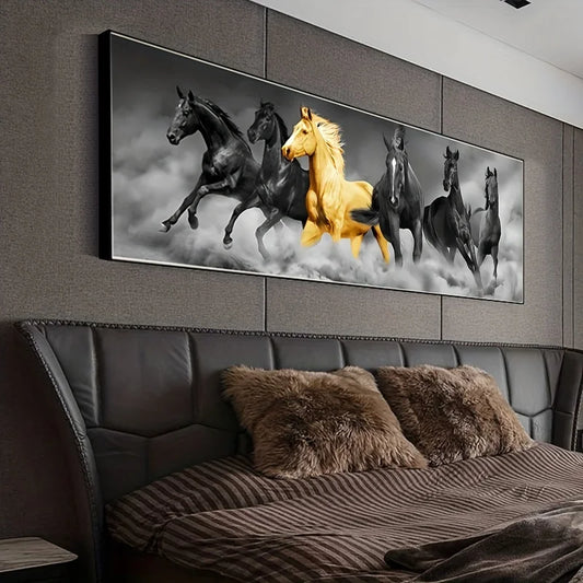 1pc, Golden Six Running Horses Canvas Painting Wall Art for Home Decor, and Bedroom Decor for Animal Lovers and Art Enthusiasts Peaceful Pleasures Health and Wellness ZLH4616 80x240cm No Frame