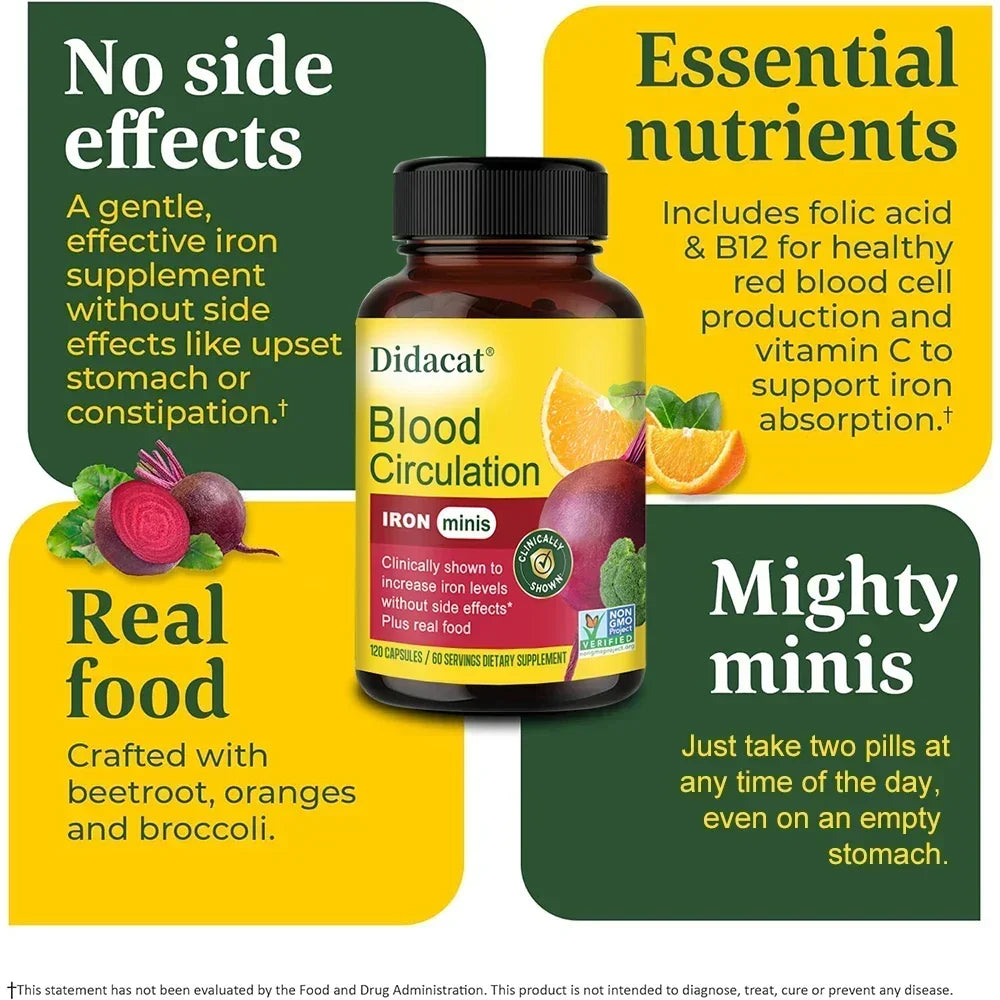 Blood Circulation - Iron Supplement - Iron with Vitamin C, Vitamin B12 and Folic Acid - Blood Health, 120 Capsules Peaceful Pleasures Health and Wellness