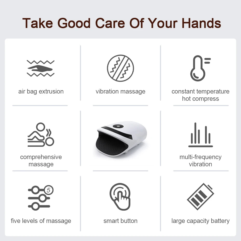 Air Compression Hand Massager with Heat Home Use Finger Wrist Palm Massage Muscles Relax Hand Airbag Pressure SPA Warm Compress Peaceful Pleasures Health and Wellness