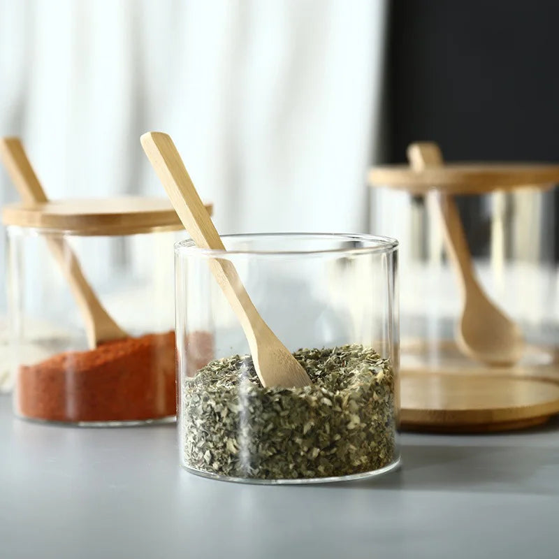 Kitchen Glass Condiment Jars Set Clear Spice Salt Container with Tray Coffee Beans Organizer Bottle Dust-Proof Seasoning Bottle Peaceful Pleasures Health and Wellness