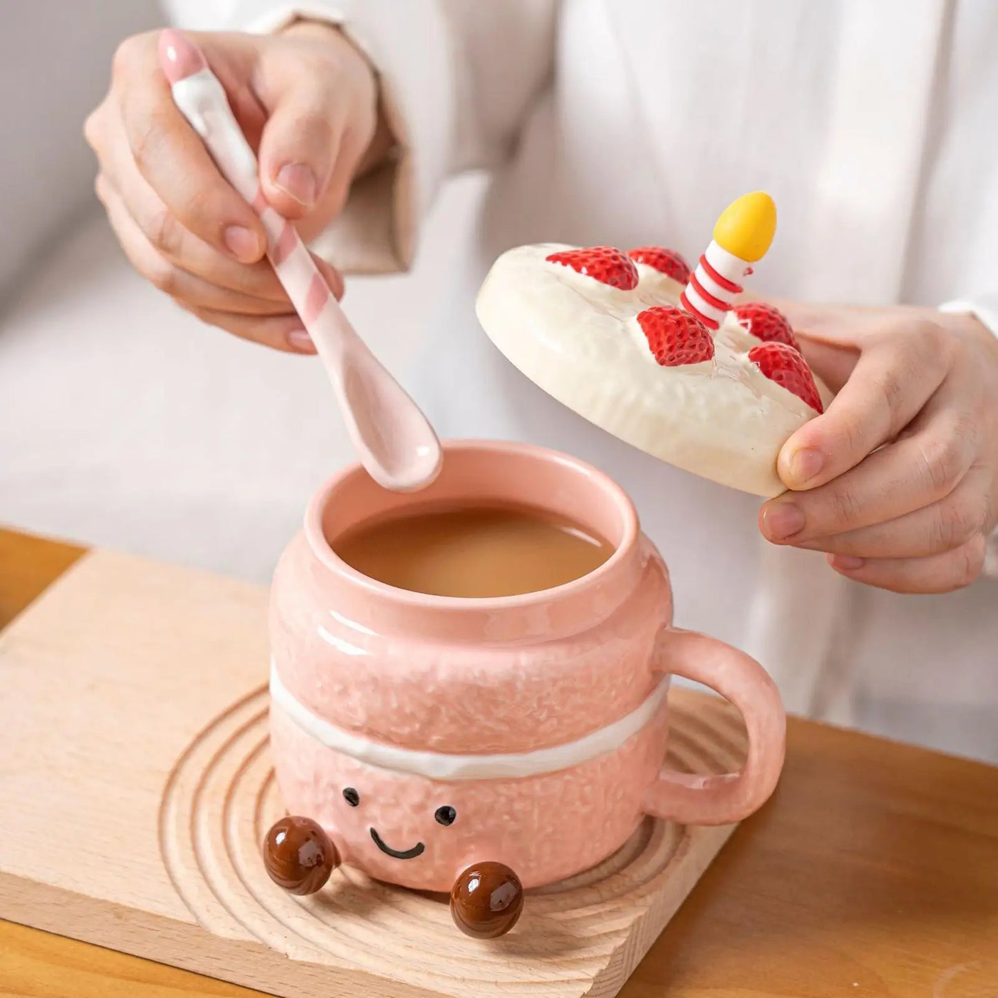 Novelty Coffee Mugs Cute Ceramic With Lid Spoon Feet Cake Shaped Aesthetic Mug Tea Cup For Women Christmas Birthday Valentines Peaceful Pleasures Health and Wellness