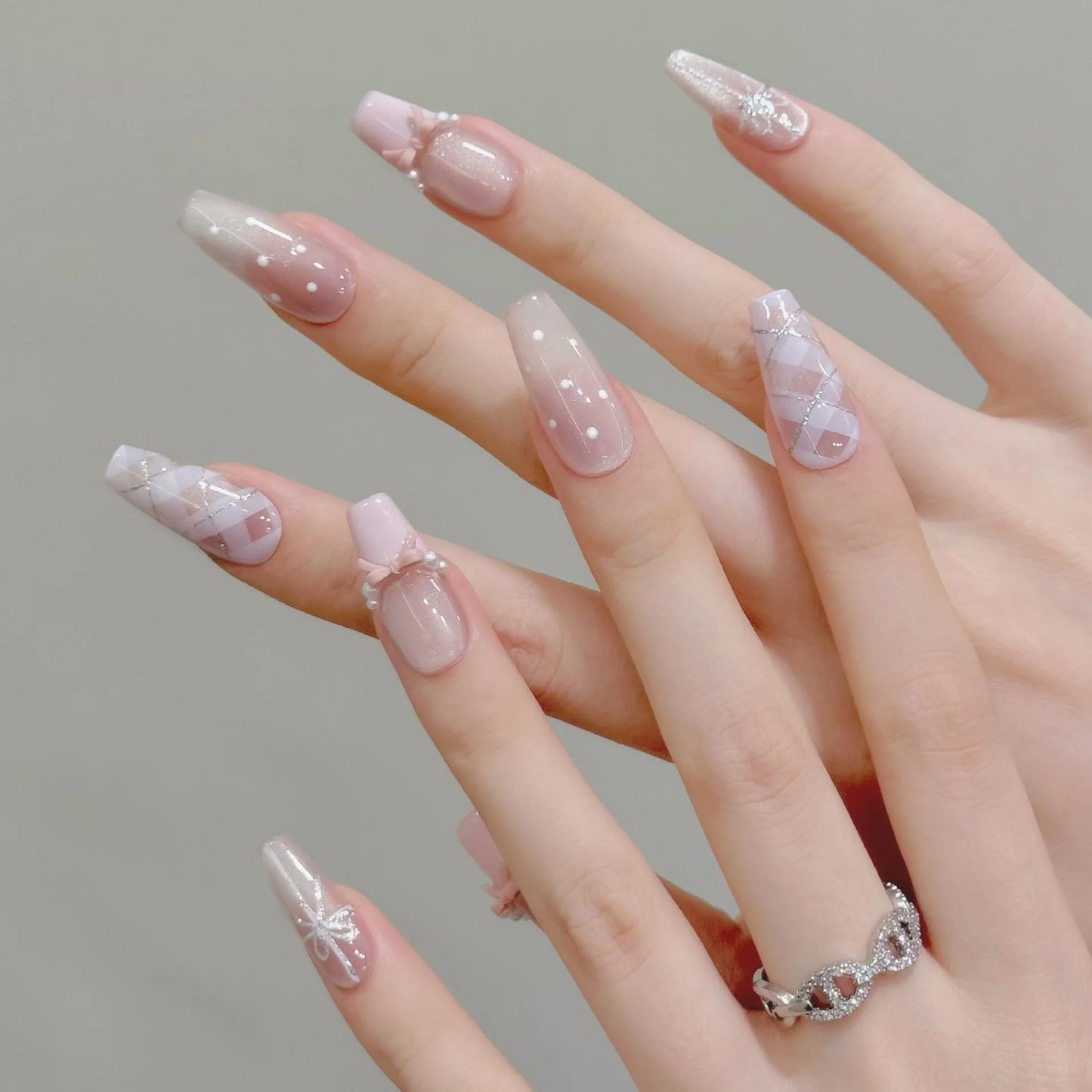10pcs Handmade Press on Nails Sweet 3D Bow Decor Cat's Eye Fake Nail Tips Wearable Detachable Ins Plaid Pink French False Nails Peaceful Pleasures Health and Wellness