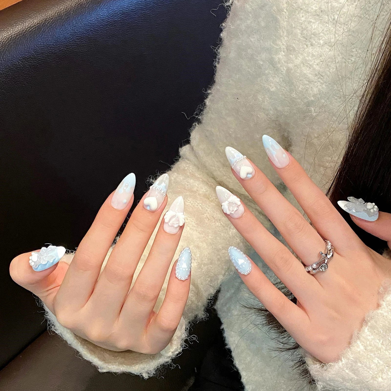 Handmade Press on Nails Light Blue Cute Bear Cat Claws Design Fake Nails French Pearls Love Decor Almond False Nail Tips Peaceful Pleasures Health and Wellness