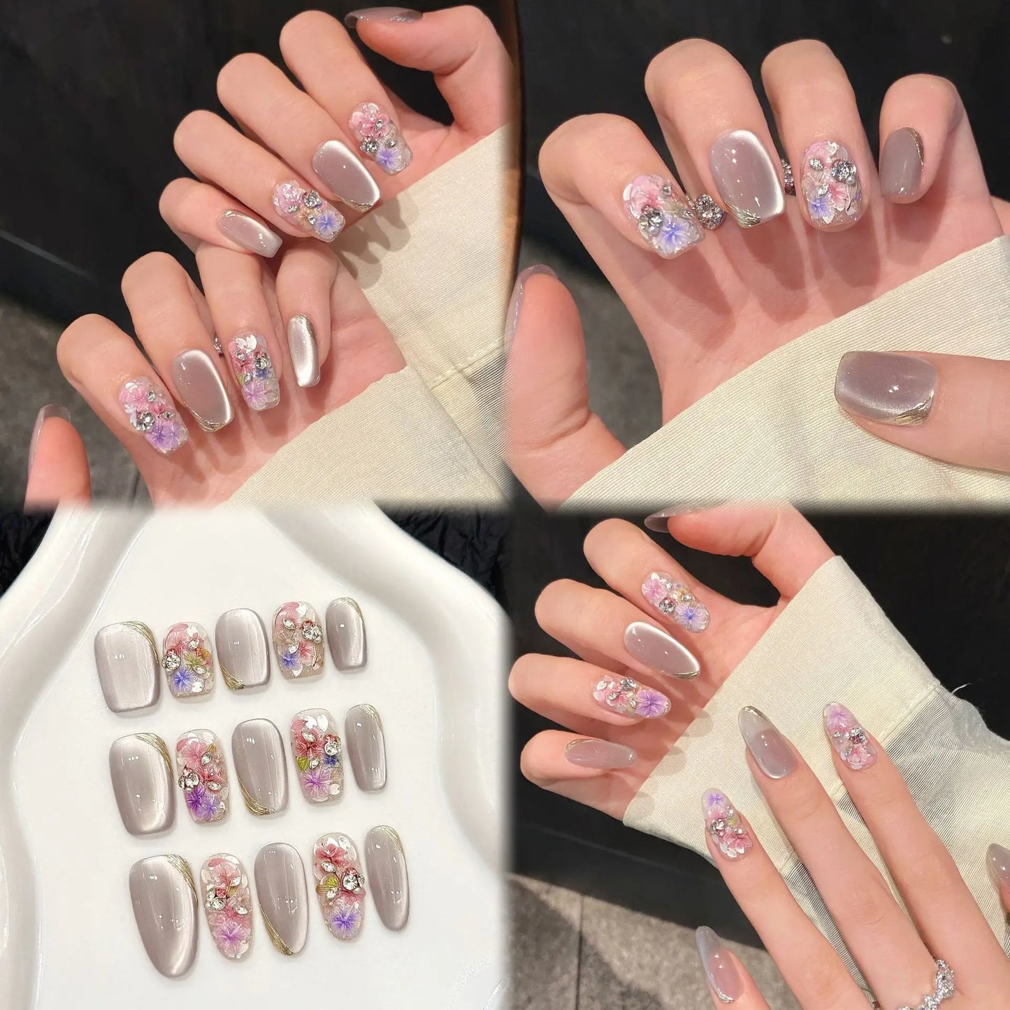 10pcs Handmade Glitter Cat Eyes Press on Nails Spring Flowers Design Sweet Fake Nails Wearable Reusable Short Oval Fake Nails Peaceful Pleasures Health and Wellness