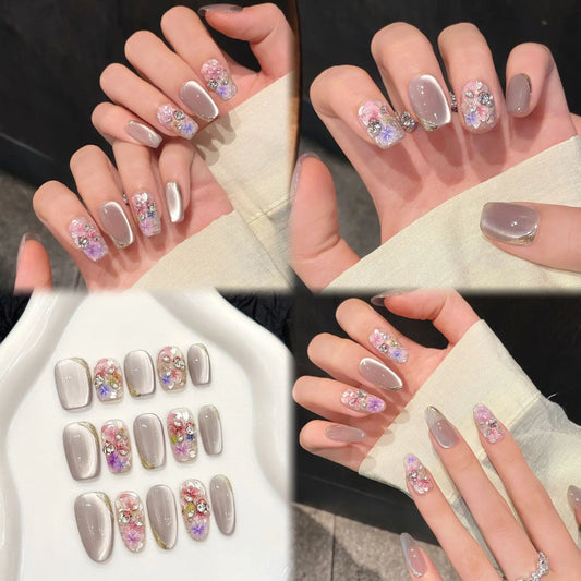 10pcs Handmade Glitter Cat Eyes Press on Nails Spring Flowers Design Sweet Fake Nails Wearable Reusable Short Oval Fake Nails Peaceful Pleasures Health and Wellness