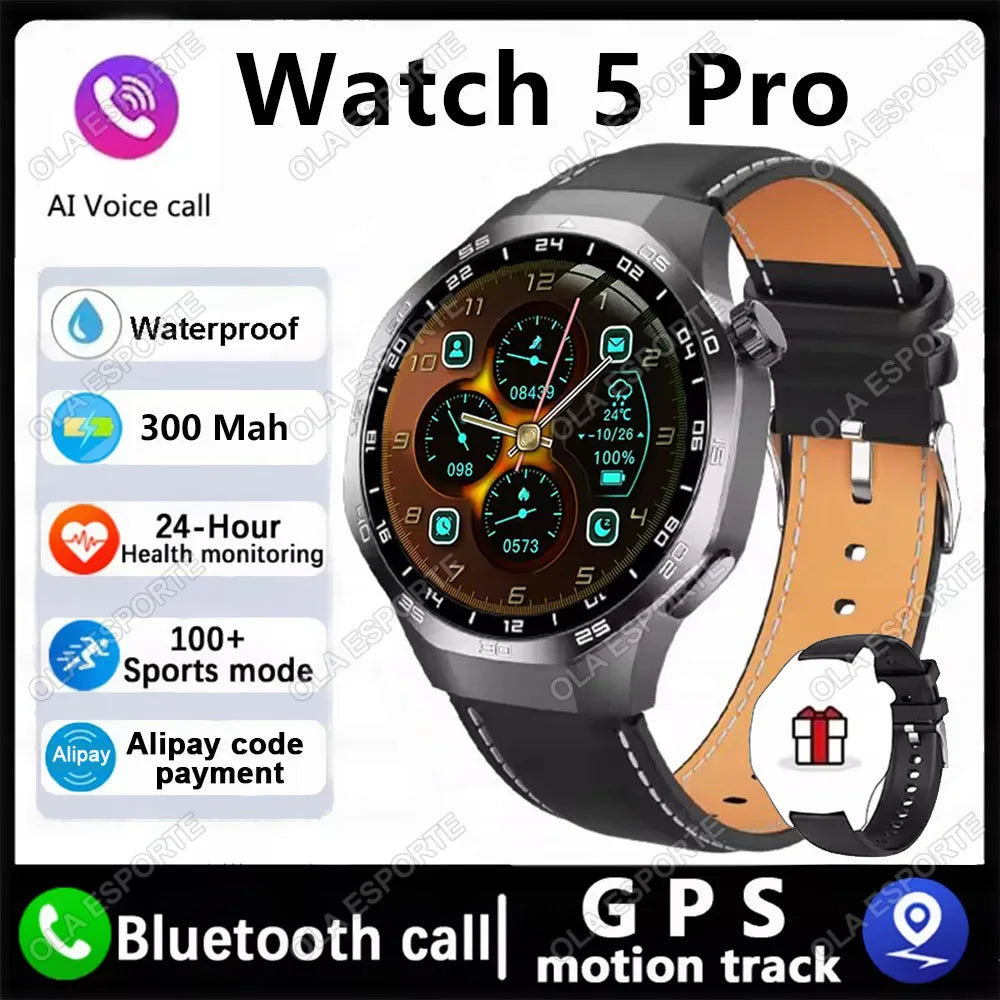 MA27 New Watch 5 Pro Smart Watch 1.53 Inch AMOLED Display Screen GPS Sports Tracker Smartwatch Men Women IP68 Waterproof Watches Peaceful Pleasures Health and Wellness Black Leather