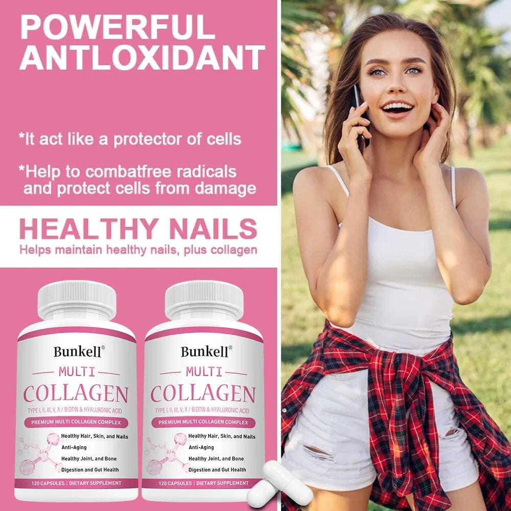 Multi Collagen Supplement - Types I, II, III, V & X with Biotin, Skin, Hair, Nails & Joint Support, Non-GMO, 120 Capsules Peaceful Pleasures Health and Wellness