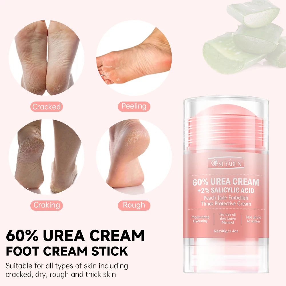 SUYARUN 60% Urea Cream & Peach Scented Foot Balm Stick Combo – Intensive Cracked Heel Repair, Deep Moisturizing and Hydration. Peaceful Pleasures Health and Wellness