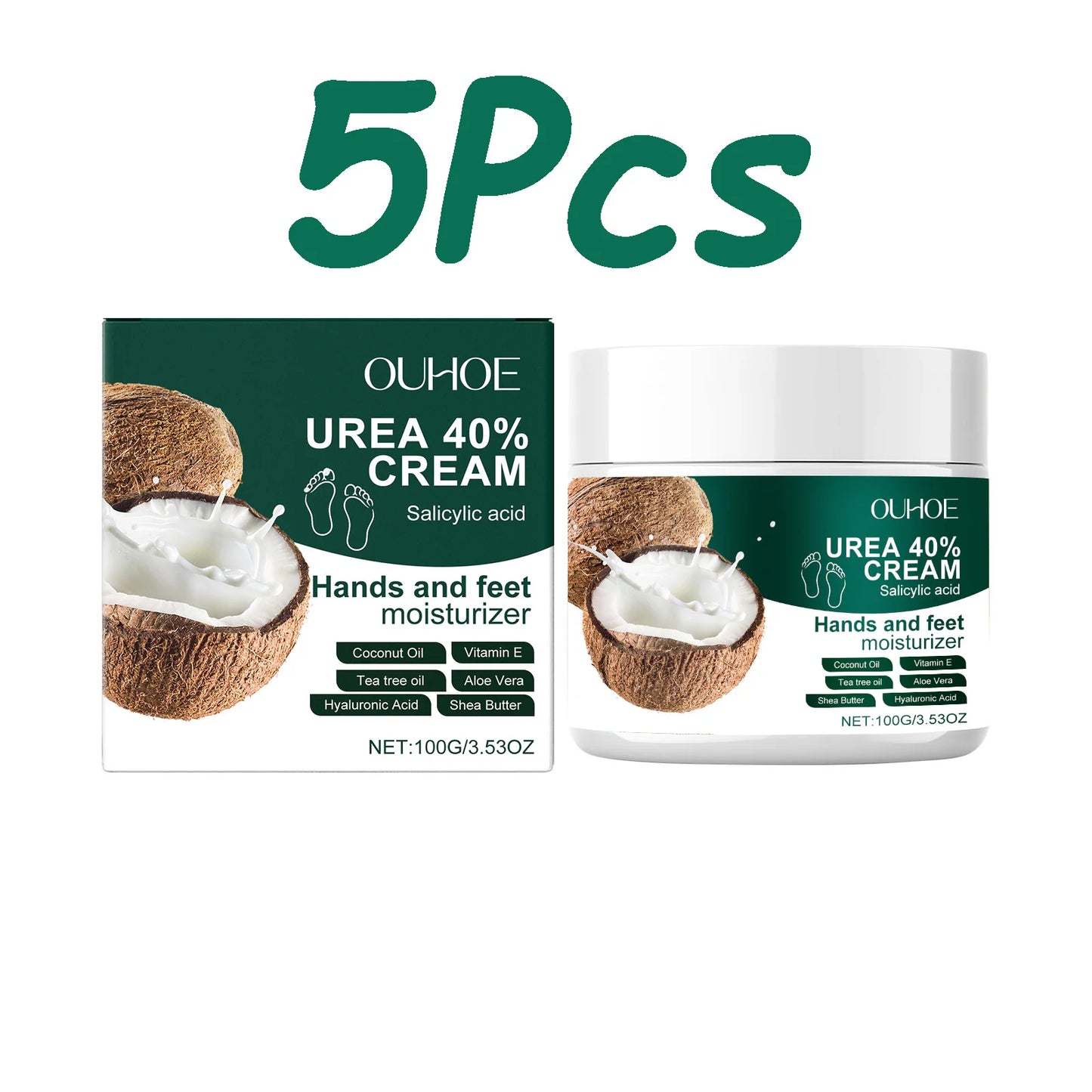 Urea 40% Cream Salicylic Acid Hand Foot Cream for Cracked Heels & Dry Skin Moisturizing Hydrating Callus Remover Smooth Skin Peaceful Pleasures Health and Wellness 5 x 100g Boxed