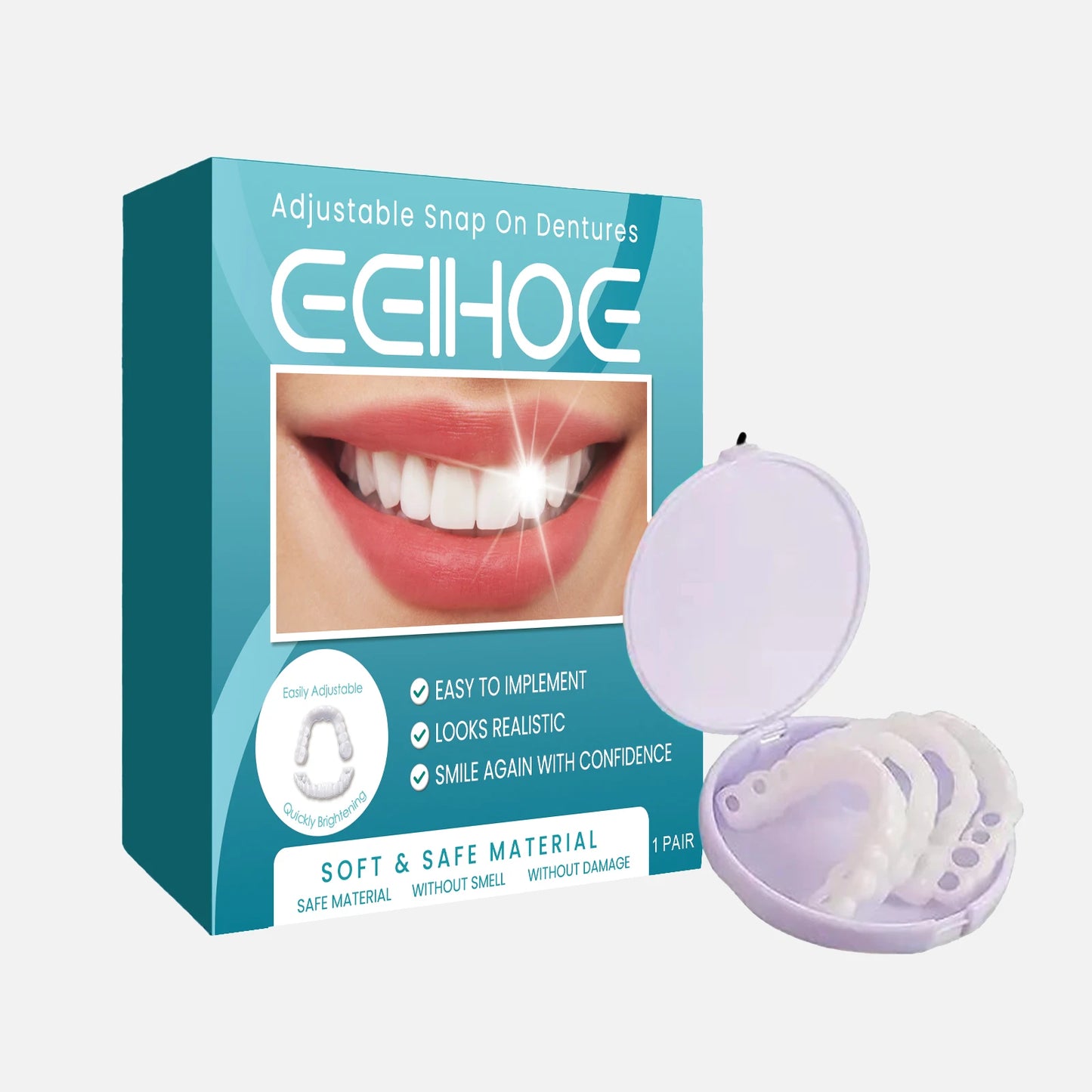 Adjustable Snap on Dentures Help Cover up Dirty Plaque Soft Comfortable Material Natural Tooth Color Adjustable Buckle Dentures Peaceful Pleasures Health and Wellness 1set Boxed