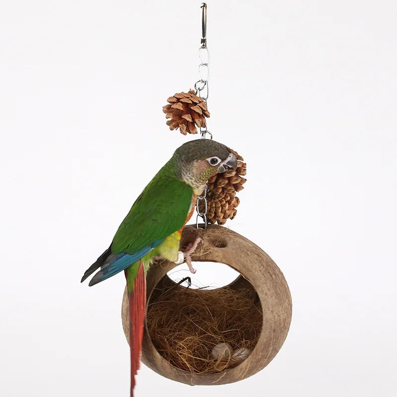 Coconut Bird Nest Hut with Ladder – Hanging Parrot Hideout