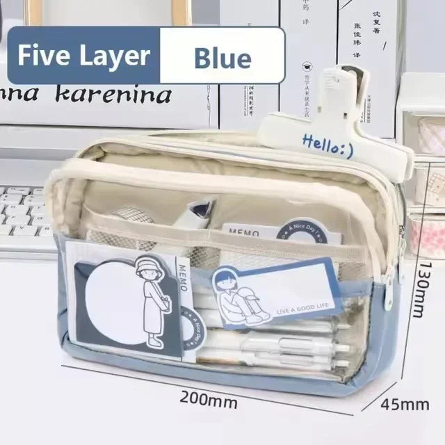 New kawaii transparent pencil bag School supplies storage Multifunctional DIY cute stationery kid pen case Girls makeup bag Peaceful Pleasures Health and Wellness Blue