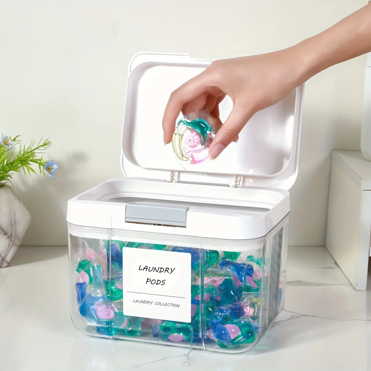 Laundry Pod Holder with Lid – Sealed Auto Pop-Up Large Capacity Organizer Box