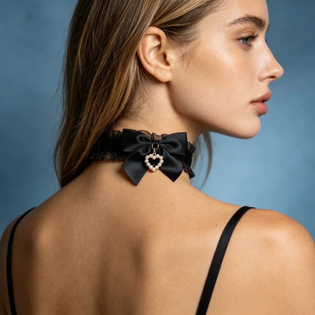 UYEE Belt Black Satin Bow Choker Necklace Pearl Heart Pendant
