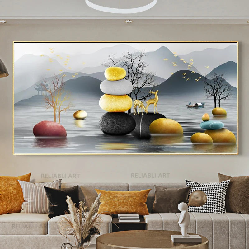 Feng Shui Golden Tree & Deer Canvas Wall Art | Lucky Decor