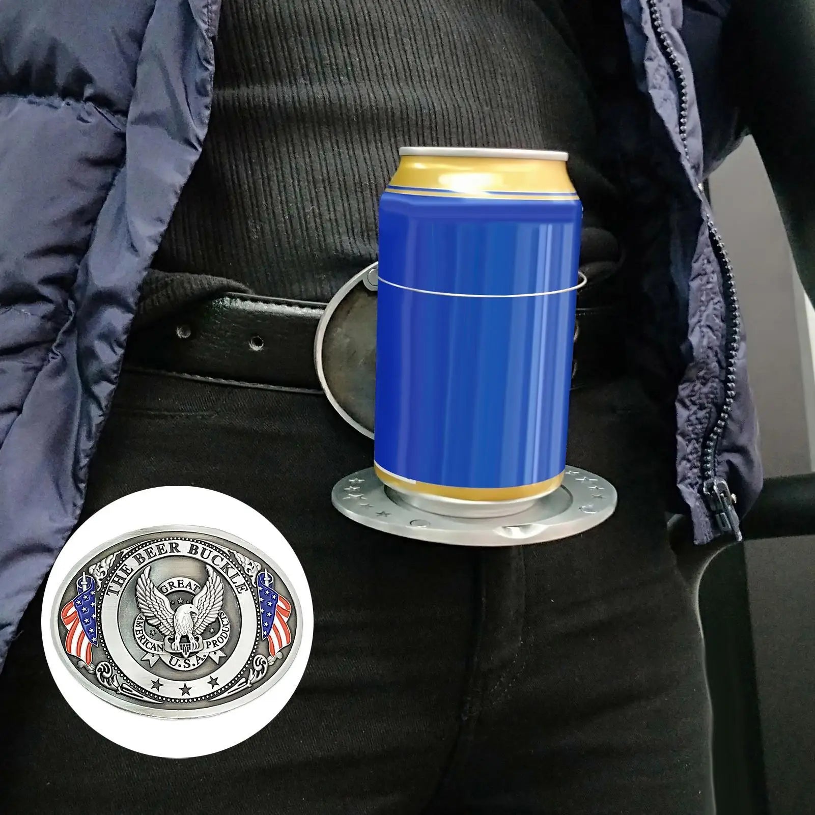 Belt Buckle Beer Holder for Men Vintage Eagle Bull Head American Flag, Metal Cup Holder for Beer Soda Can Water Bottle Party Peaceful Pleasures Health and Wellness