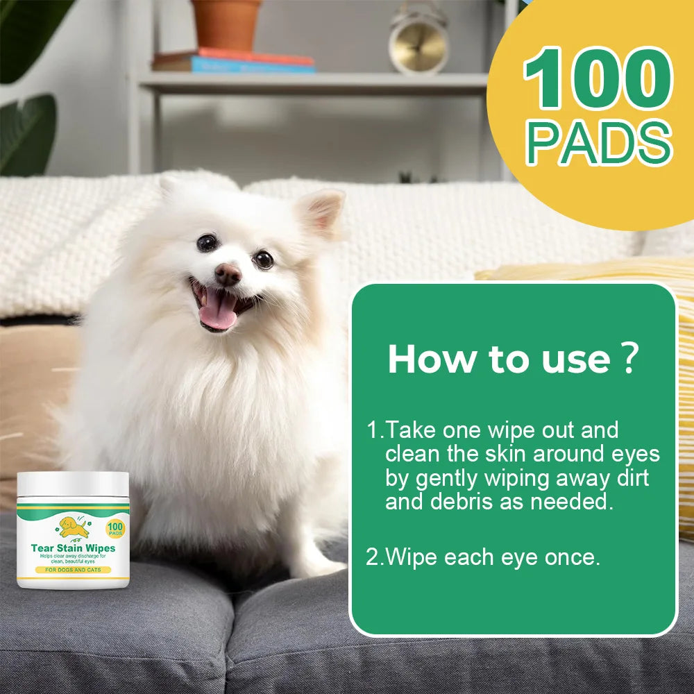 Pet Tear Stain Wipes 100 Pads – Vitamin B5 & C for Dogs & Cats