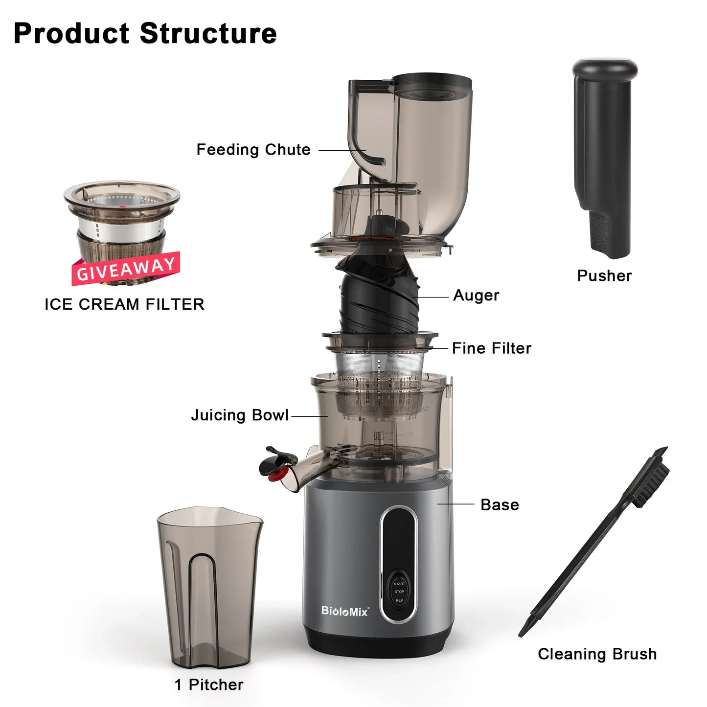 BioloMix Cold Press Juicer – 75mm Feed Chute, 200W, Quiet Motor Juicer BioloMix