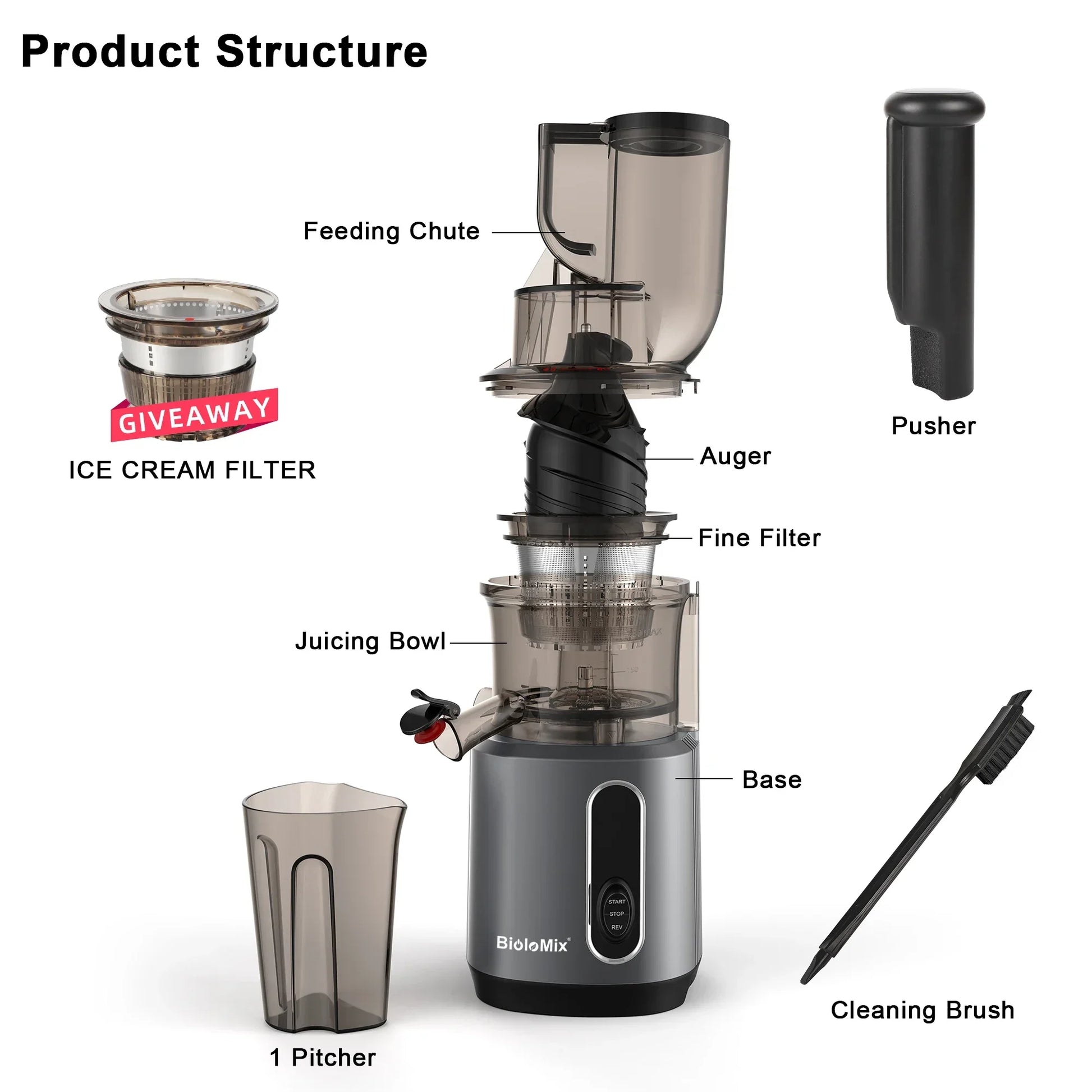 BioloMix Cold Press Juicer – 75mm Feed Chute, 200W, Quiet Motor Juicer BioloMix