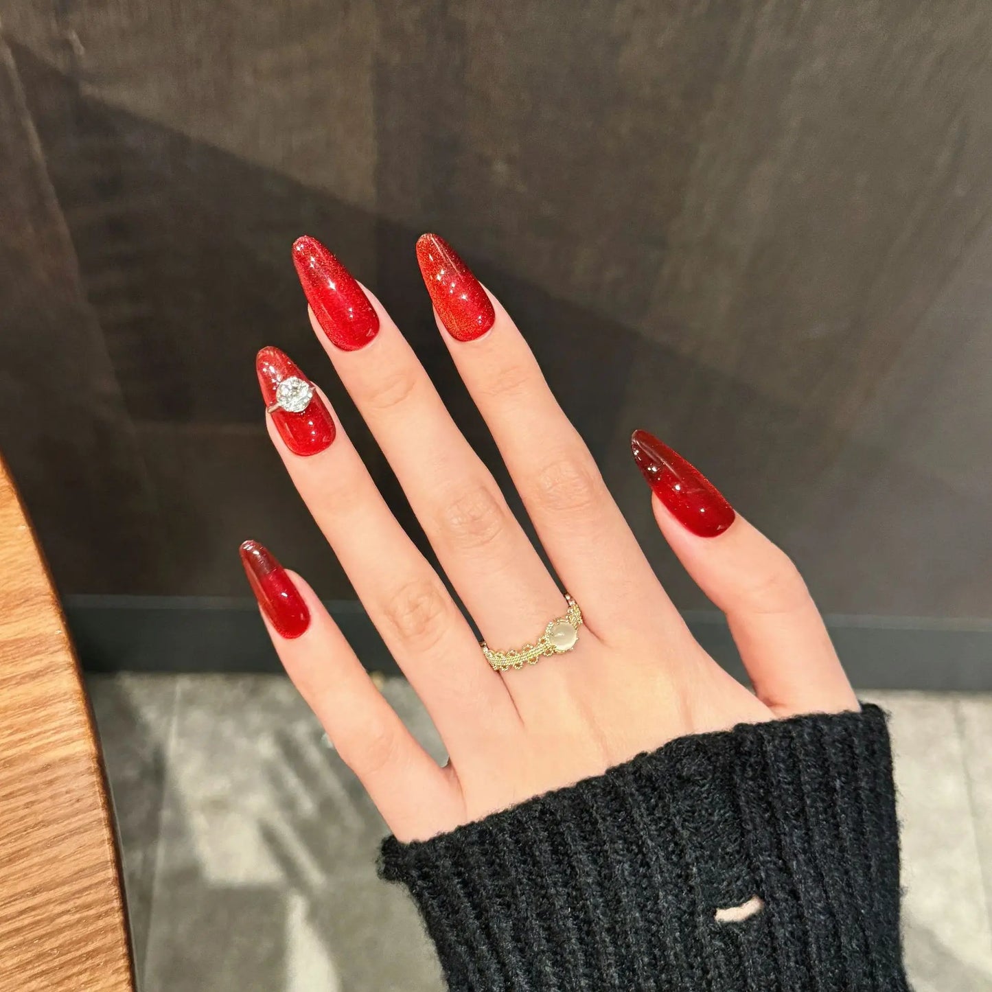 Glossy Red Cat Eye Press On Nails | Almond Crystal Design 10pc