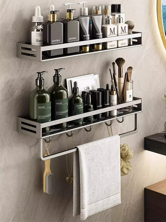 No-Drill Aluminum Corner Shower Shelf with Towel Bar Corner Shower Shelf Peaceful Pleasures Health and Wellness