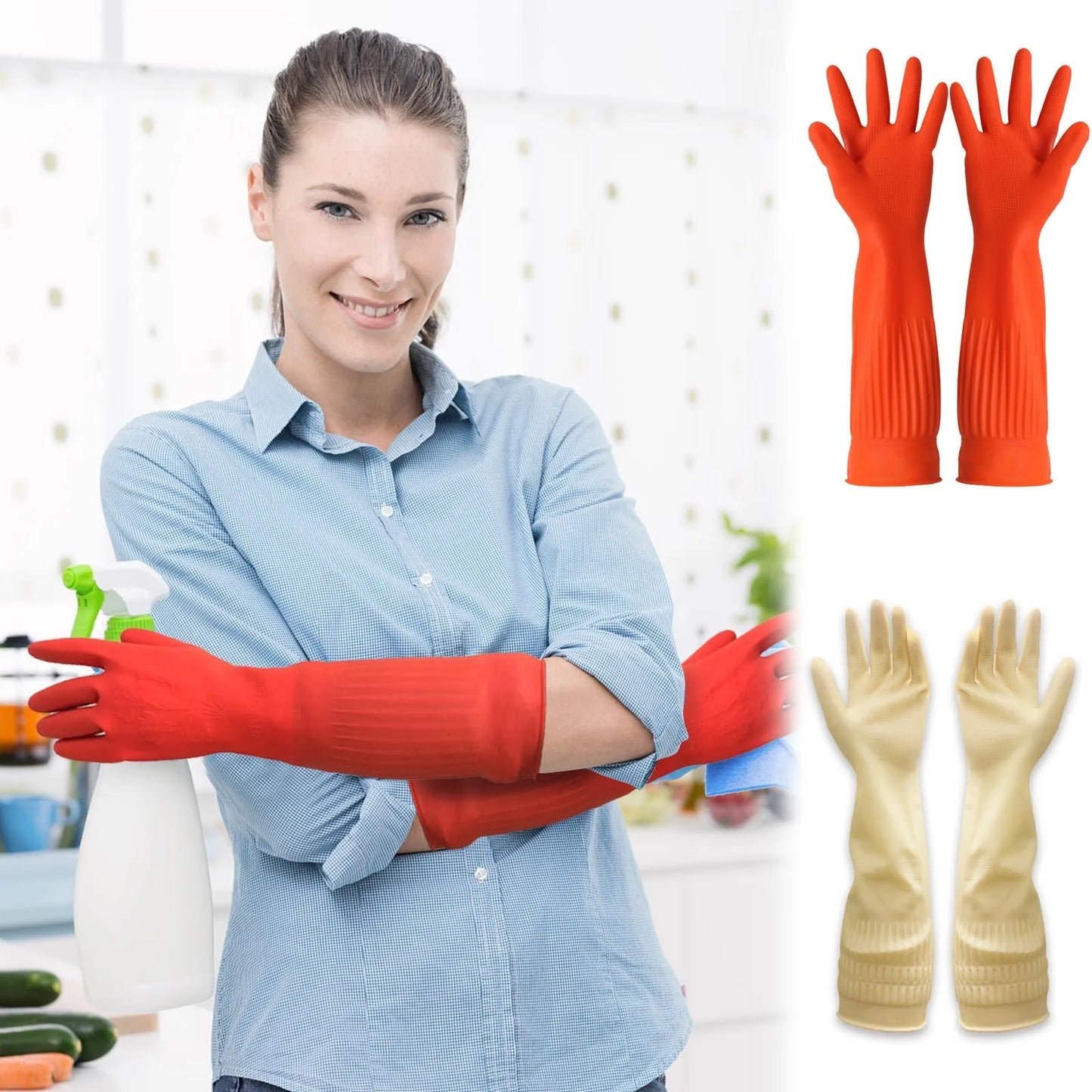 1pair Flexible Comfortable Rubber Clean Gloves Red Dish Washing Long Home Bathroom Cleaning Kitchen Accessories Peaceful Pleasures Health and Wellness