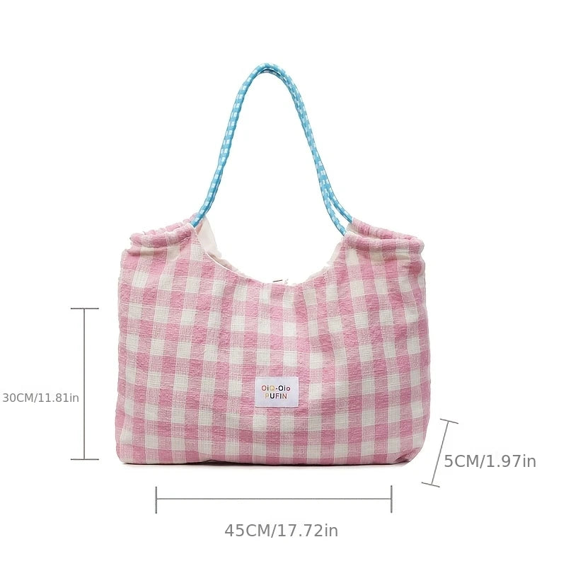 Women's Large Canvas Tote Bag – Korean Plaid Shoulder Bag