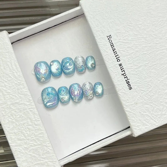 10pcs Handmade Press On Nails Cute Starfish Cat's Eye Aurora Fake Nail Tips Wearable Fantasy Mermaid Short Square False Nails Peaceful Pleasures Health and Wellness L 1