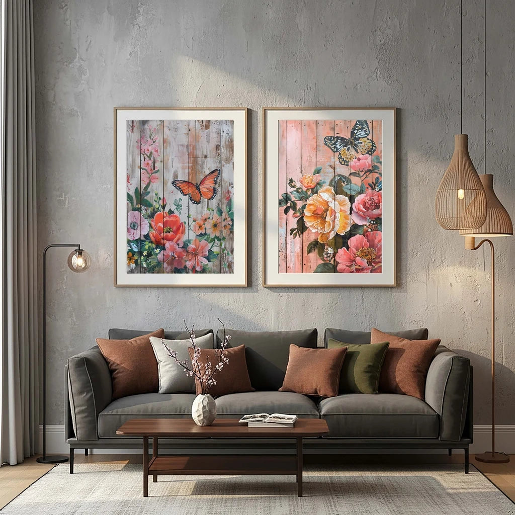 Nordic Wall Art Butterfly & Flowers on Wooden Plank Canvas Painting Nordic Style Poster Prints Bedroom Living Room Wall Decor Peaceful Pleasures Health and Wellness