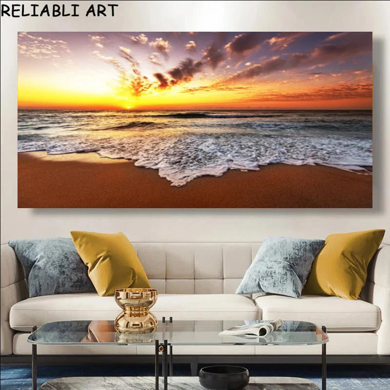 Sunset Beach Large Canvas Wall Art | Landscape Poster No Frame