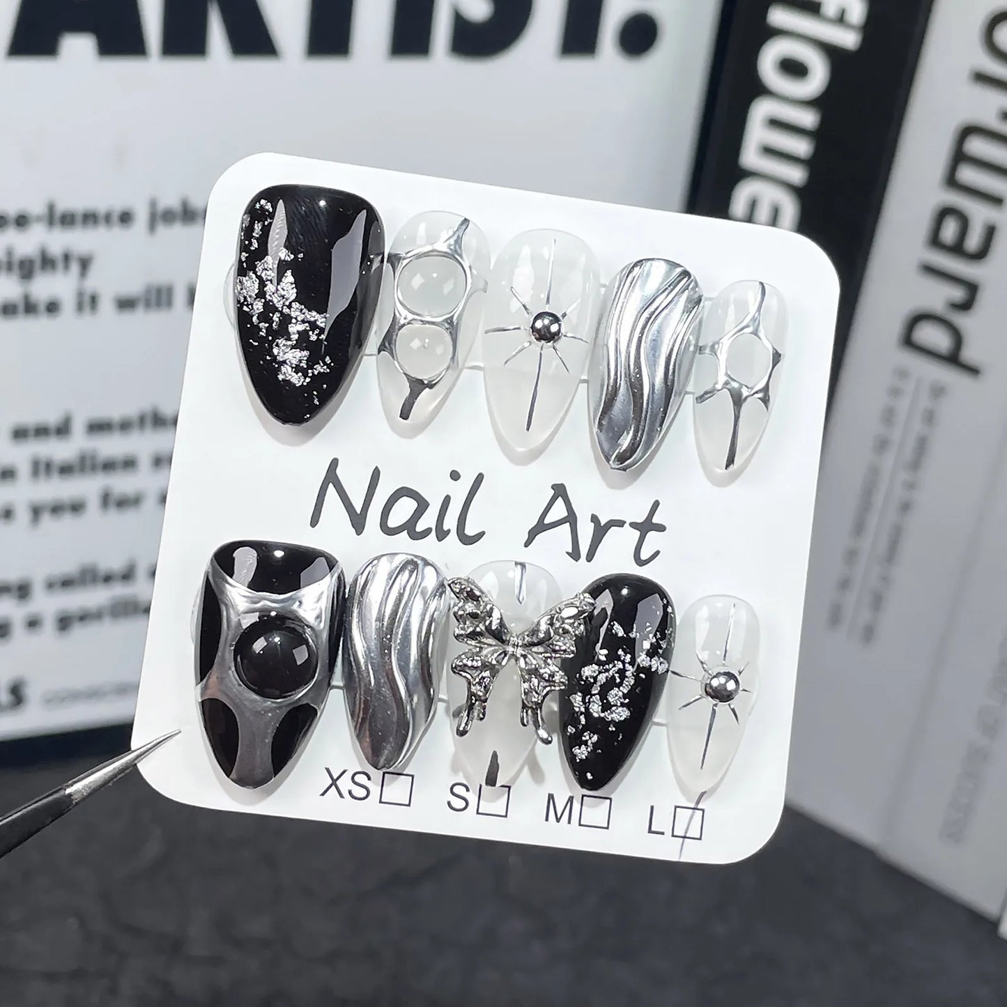 3D Butterfly Press On Nails – Black Silver Almond False Nails