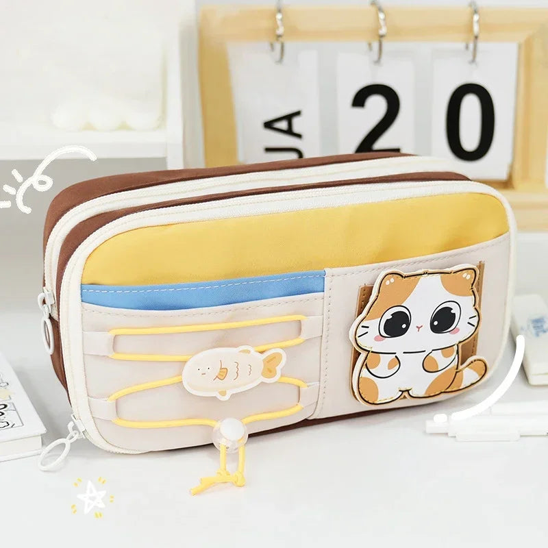 Large Capacity Cute Cat Pencil Bags Oxford Cloth Multi-layer Pencil Cases Kids School Office Supplies Stationery Storage Bag Peaceful Pleasures Health and Wellness Yellow Cat