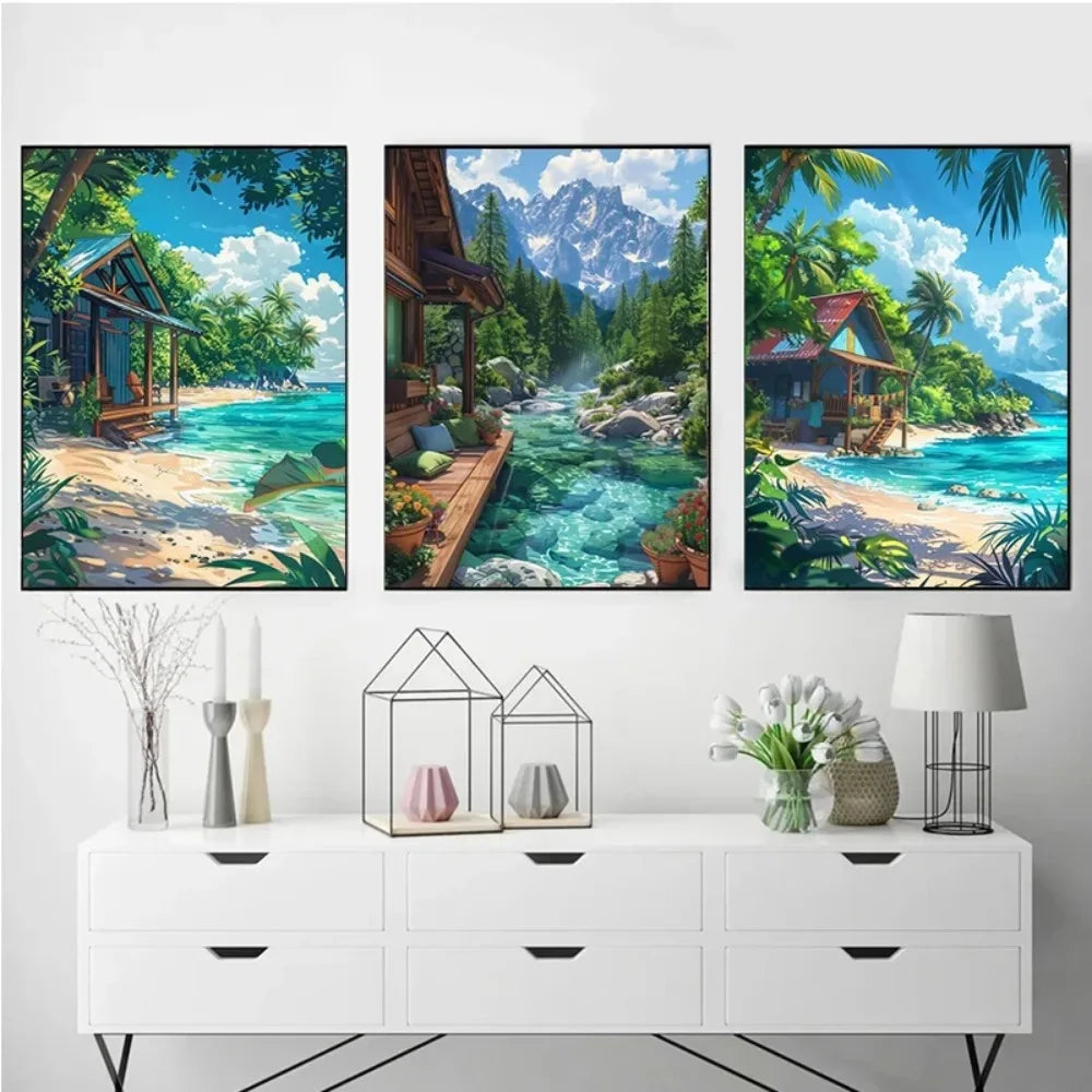 Anime Summer Landscape Canvas Wall Art | Beach Forest Cabin