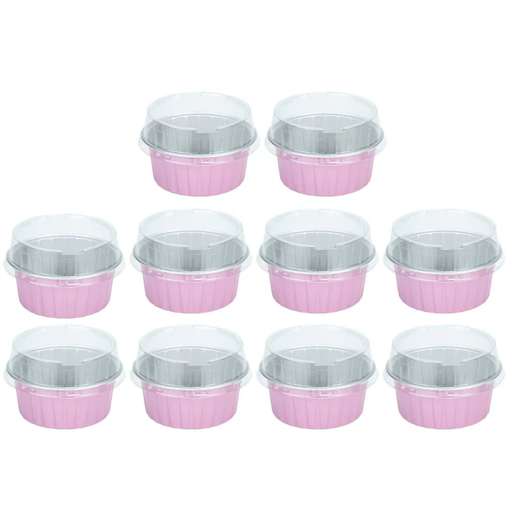 10pcs Gifts Reusable Aluminum Foil Tin Cup Cake Tool Small Baking Tinfoil Box Round Tray Tinfoil Cups Peaceful Pleasures Health and Wellness pink with lid