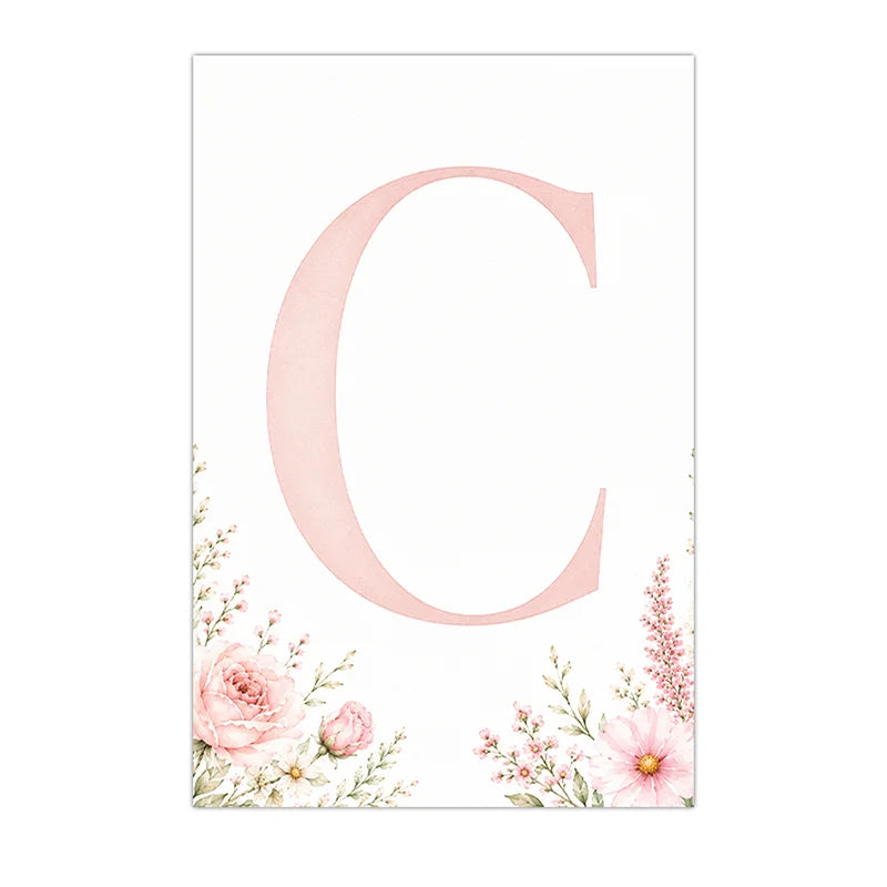 Floral Alphabet Wall Art Custom Letter Canvas Painting Pink Flower Poster Print Nursery Wall Decor Peaceful Pleasures Health and Wellness